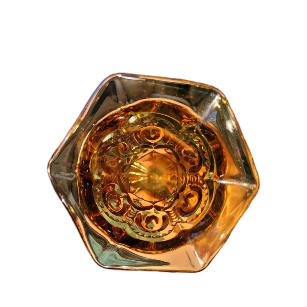 Le Smith Vintage Amber Glass Vase with Moon Star Pattern and Ruffled Edge - Picture 4 of 5